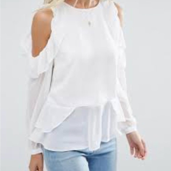 Asos White Ruffled Blouse‎ Cold Shoulder Tiered Long Sleeve Gold Buttons Size 10 - Picture 3 of 16
